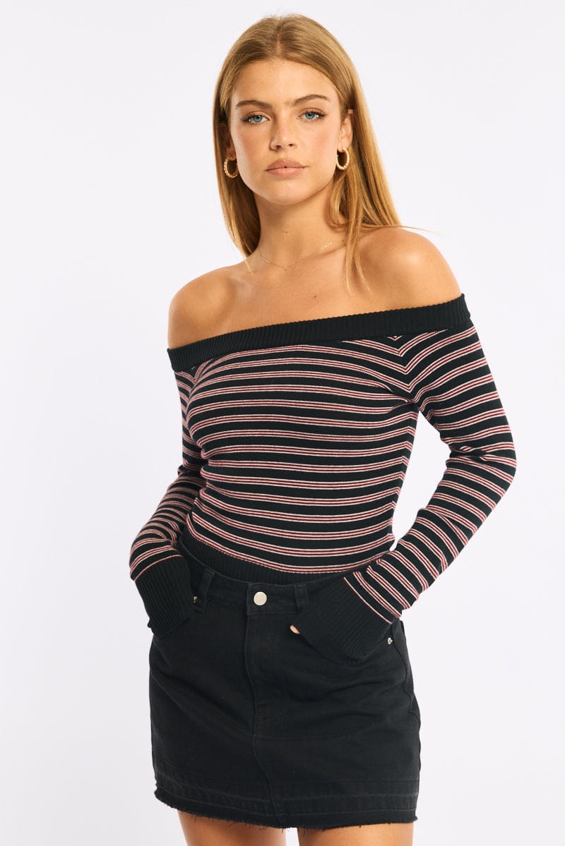 Red Stripe Knit Top Off Shoulder Long Sleeve for Ally Fashion