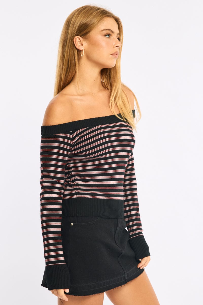 Red Stripe Knit Top Off Shoulder Long Sleeve for Ally Fashion