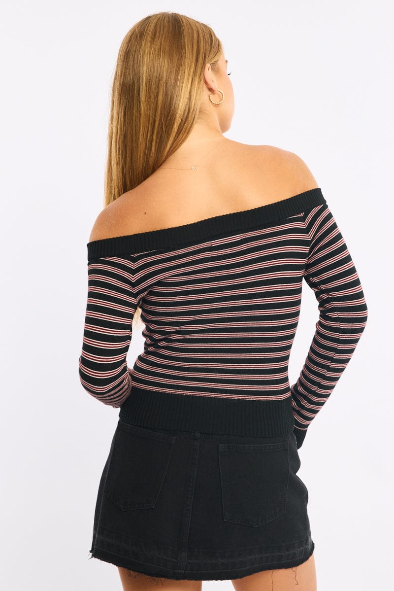 Red Stripe Knit Top Off Shoulder Long Sleeve for Ally Fashion