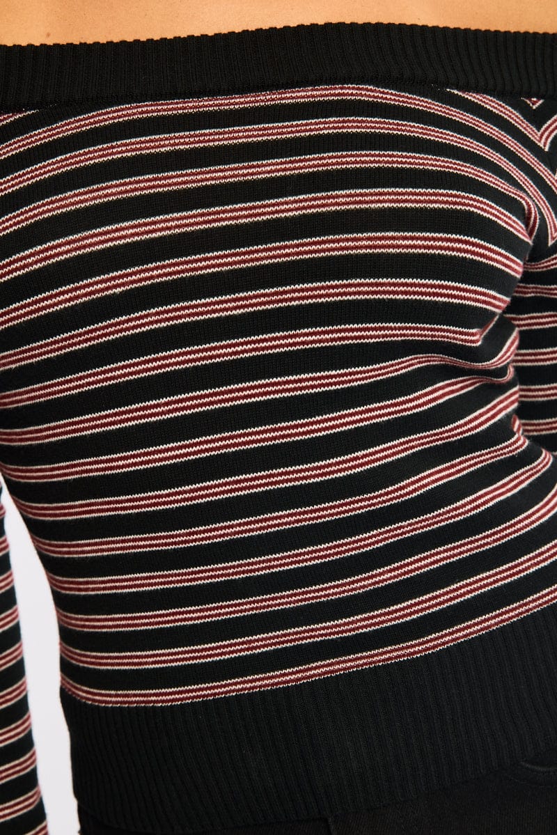 Red Stripe Knit Top Off Shoulder Long Sleeve for Ally Fashion
