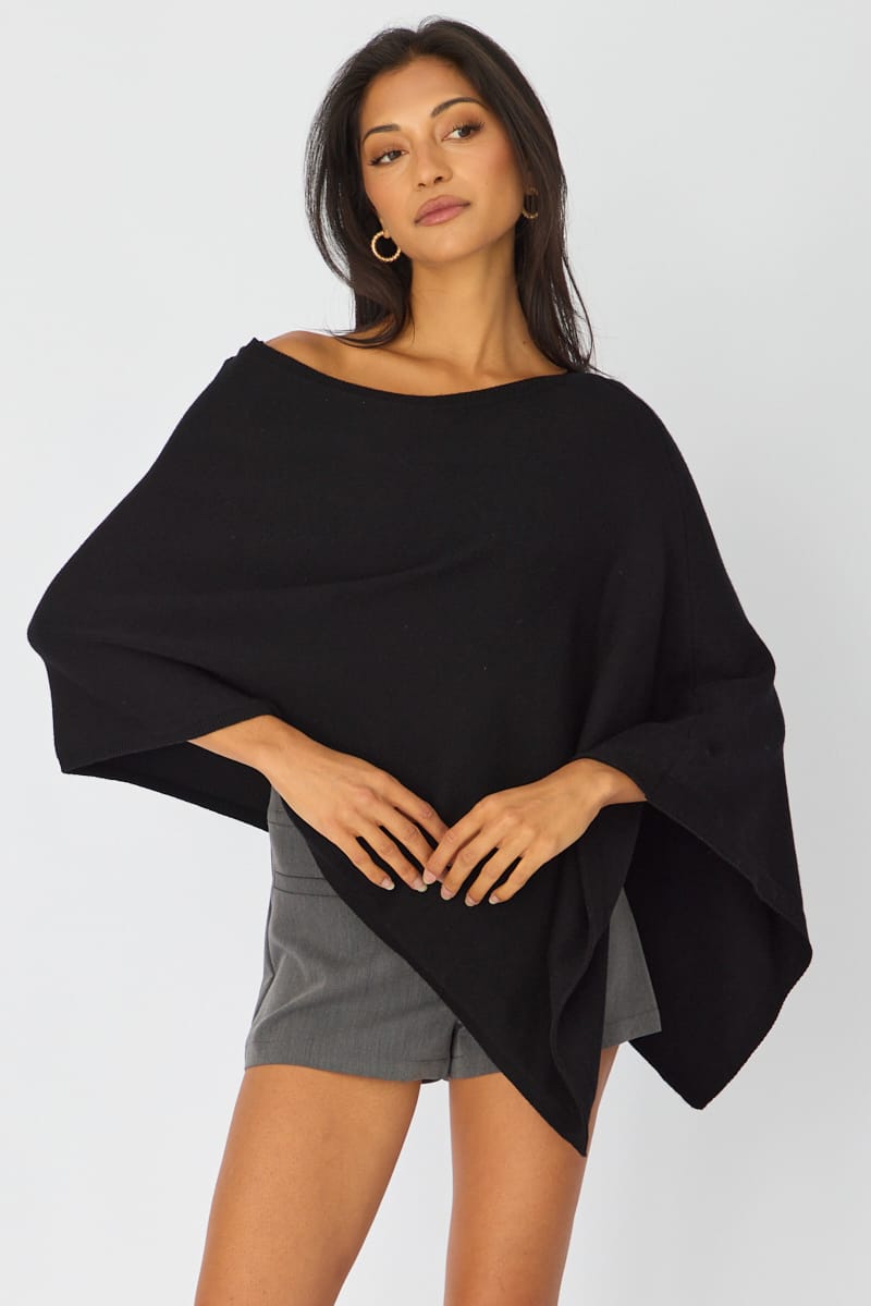 Black Knit Poncho Top Light Weight for Ally Fashion