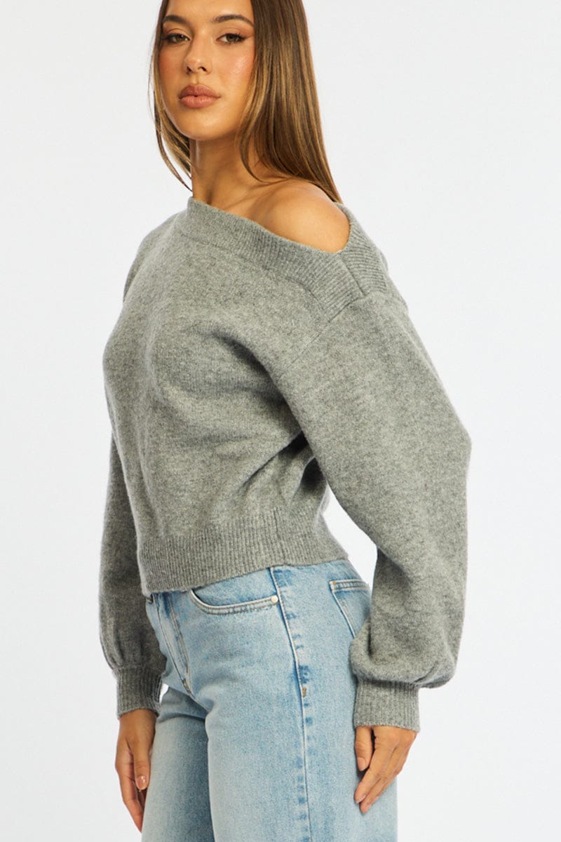 Grey Off Shoulder Sweater for Ally Fashion