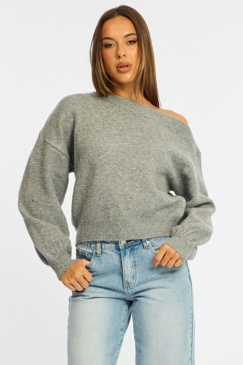 Grey Off Shoulder Sweater for Ally Fashion