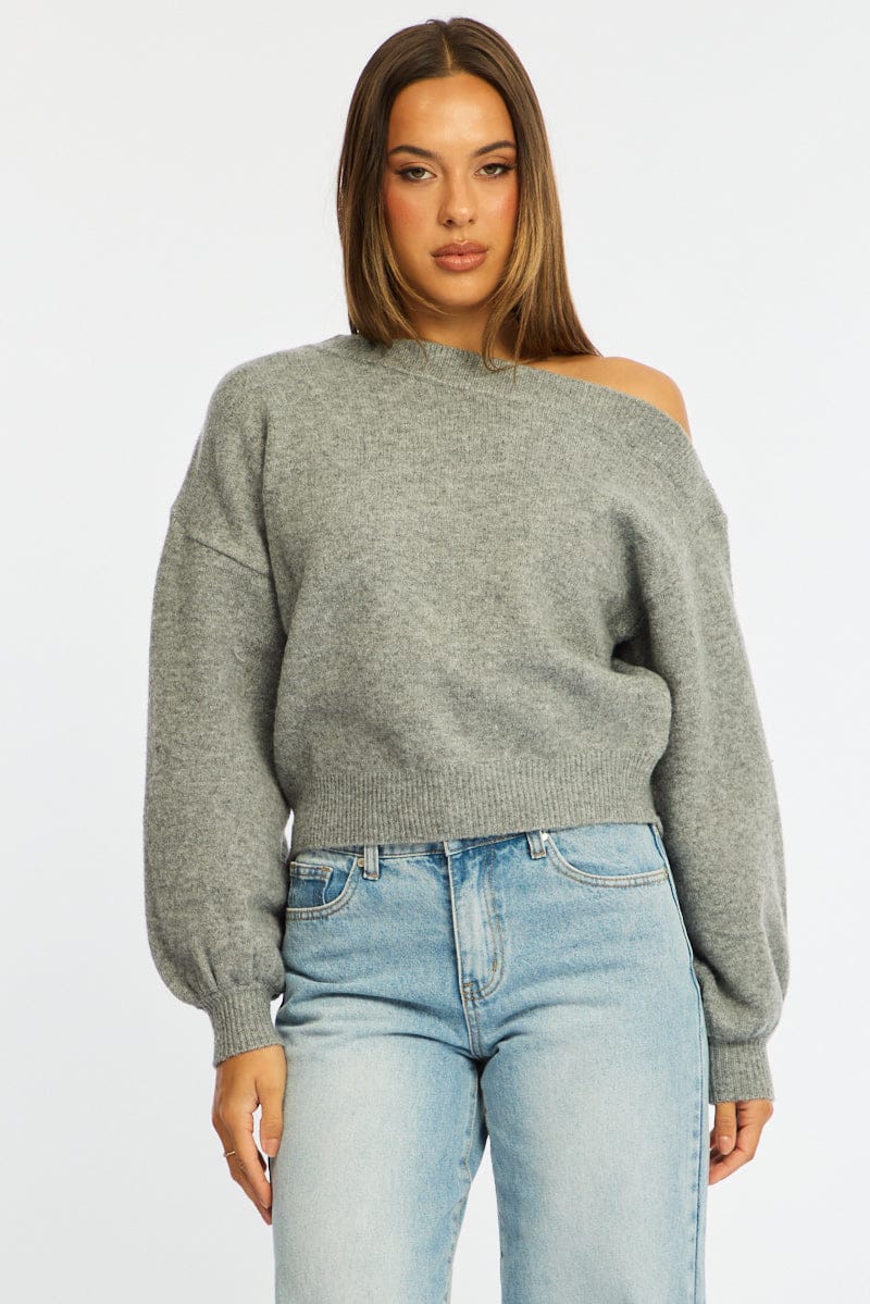 Grey Off Shoulder Sweater for Ally Fashion