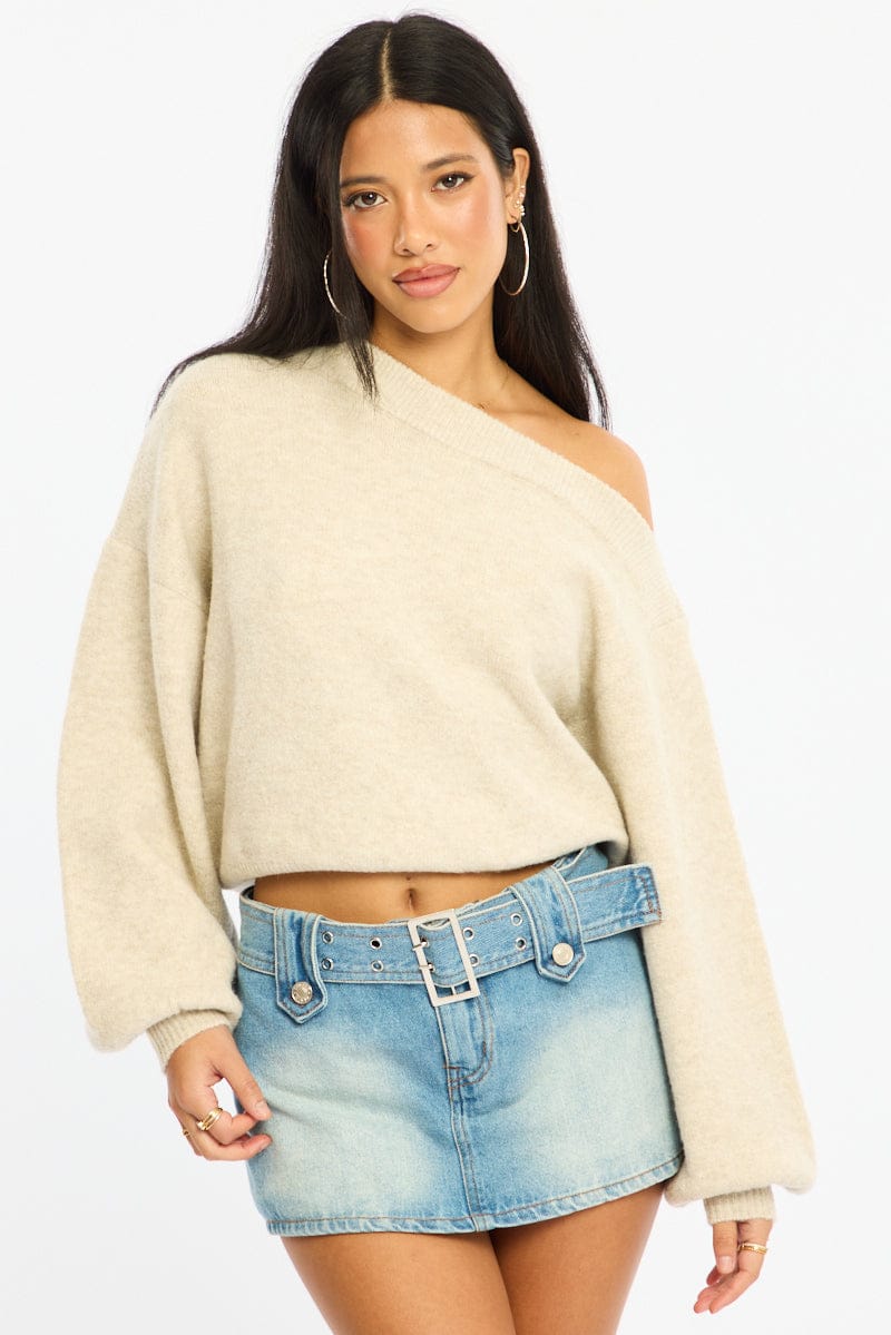 Beige Off Shoulder Sweater for Ally Fashion