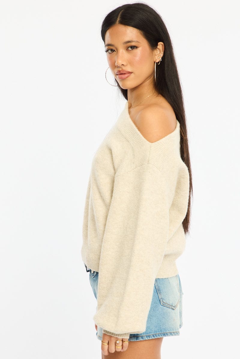 Beige Off Shoulder Sweater for Ally Fashion