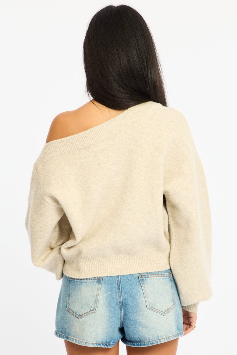 Beige Off Shoulder Sweater for Ally Fashion