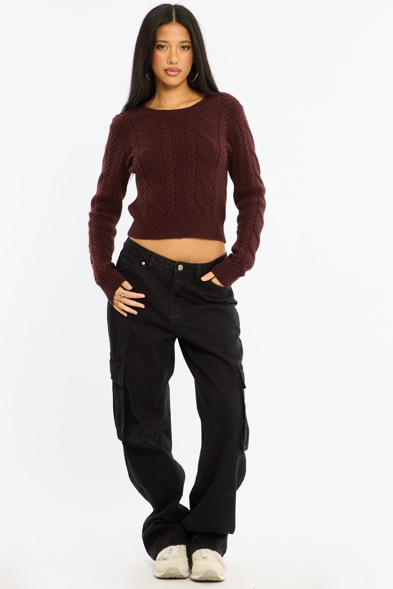 Brown Cable Knit Top Long Sleeve Crew Neck for Ally Fashion