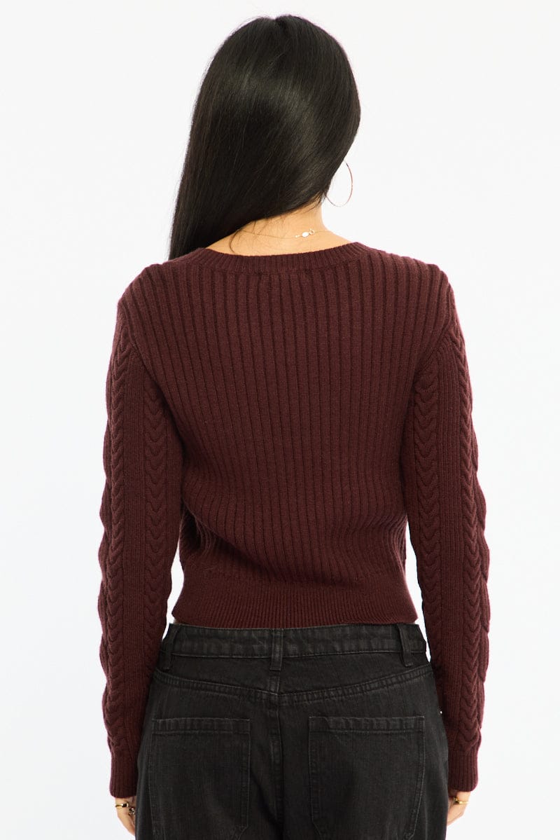 Brown Cable Knit Top Long Sleeve Crew Neck for Ally Fashion