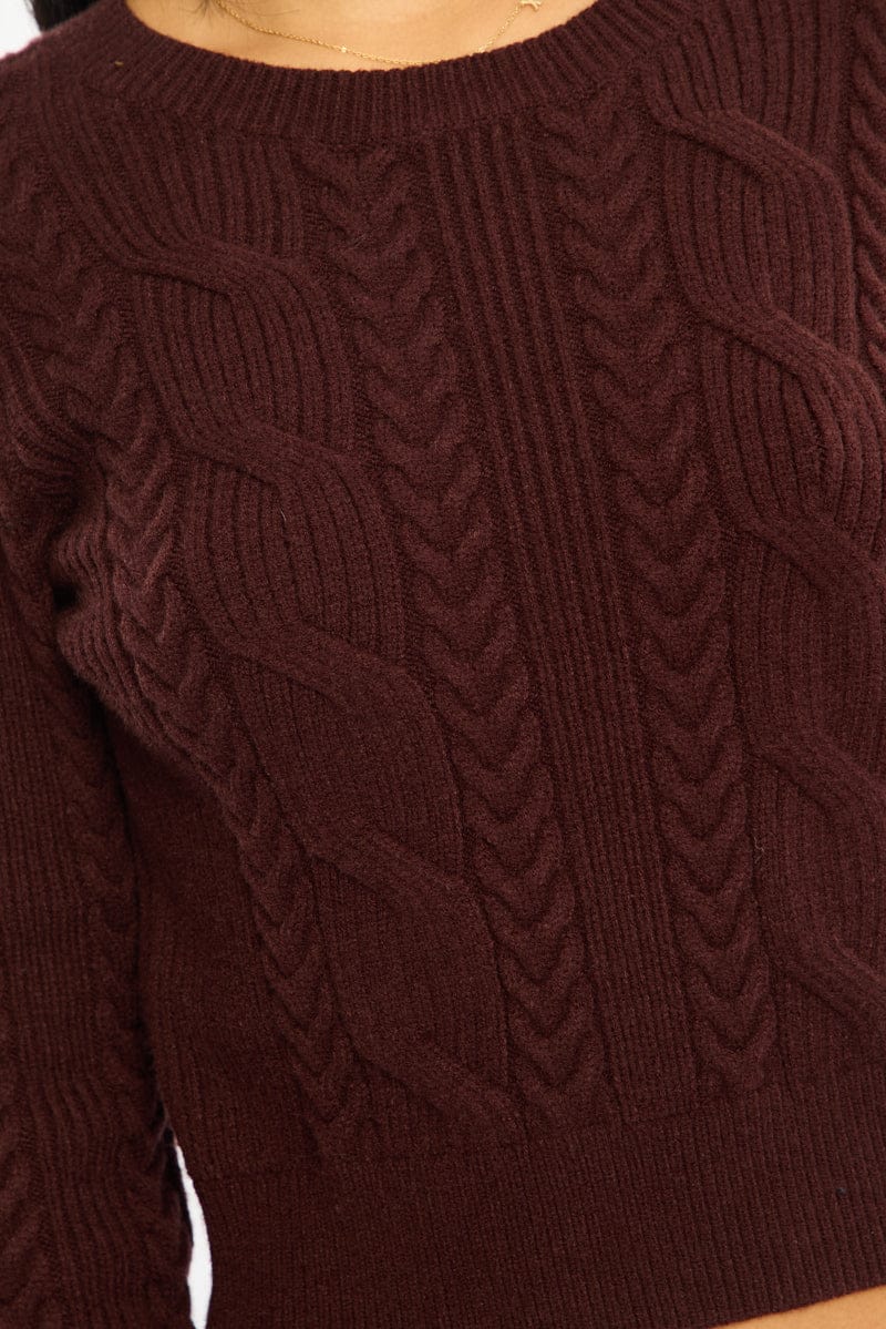 Brown Cable Knit Top Long Sleeve Crew Neck for Ally Fashion