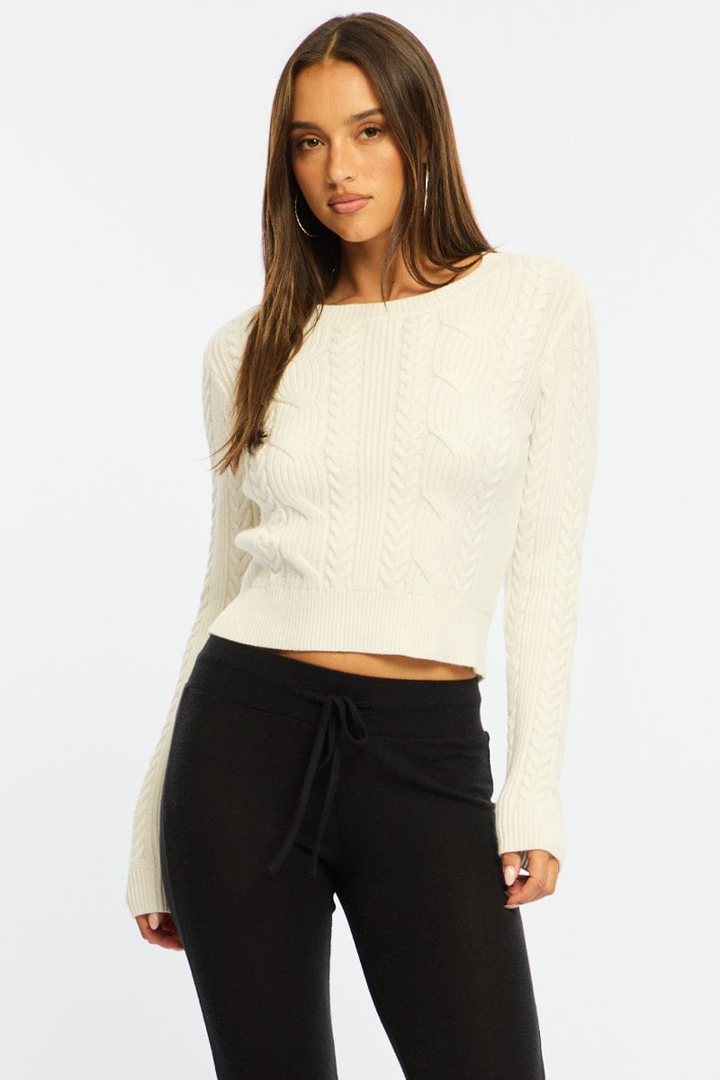 White Cable Knit Top Long Sleeve Crew Neck for Ally Fashion