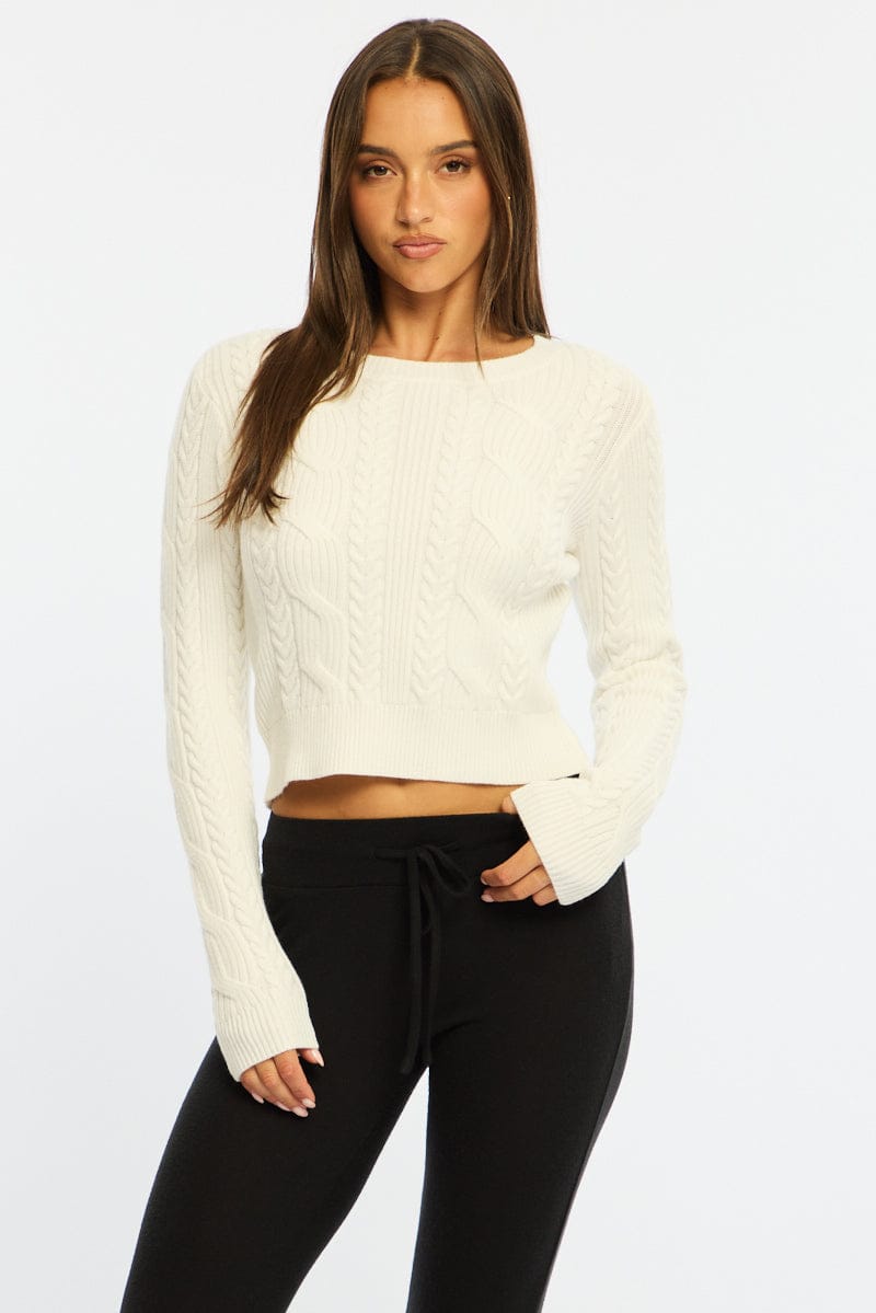 White Cable Knit Top Long Sleeve Crew Neck for Ally Fashion
