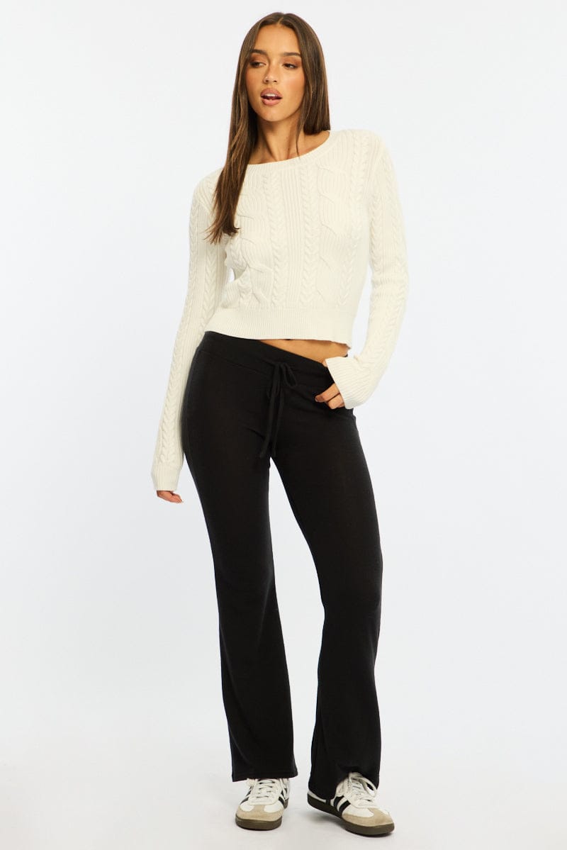 White Cable Knit Top Long Sleeve Crew Neck for Ally Fashion