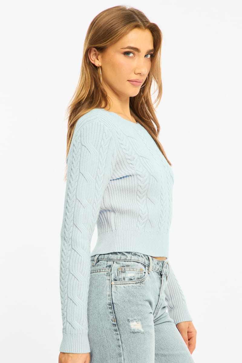 Blue Cable Knit Top Long Sleeve Crew Neck for Ally Fashion