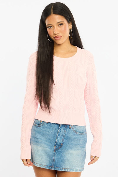 Pink Cable Knit Top Long Sleeve Crew Neck | Ally Fashion