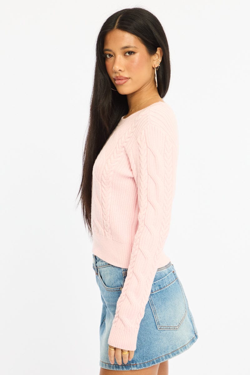 Pink Cable Knit Top Long Sleeve Crew Neck for Ally Fashion