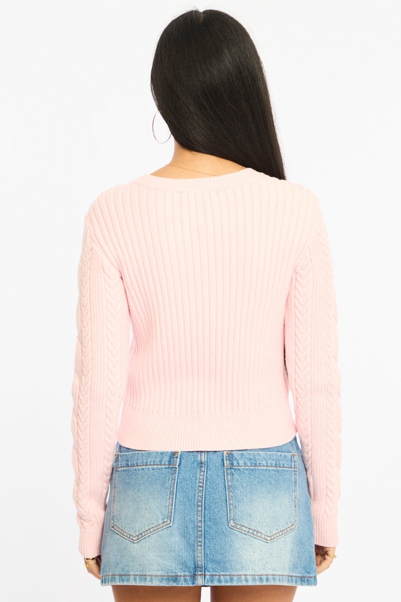 Pink Cable Knit Top Long Sleeve Crew Neck for Ally Fashion