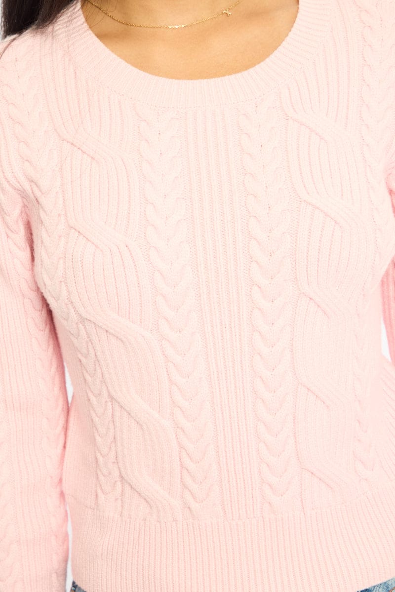 Pink Cable Knit Top Long Sleeve Crew Neck for Ally Fashion