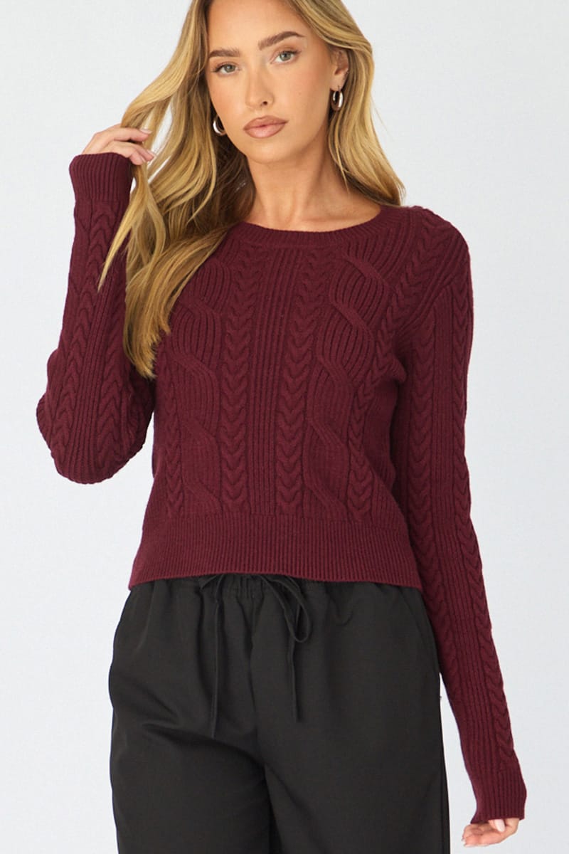 Red Cable Knit Top Long Sleeve Crew Neck for Ally Fashion