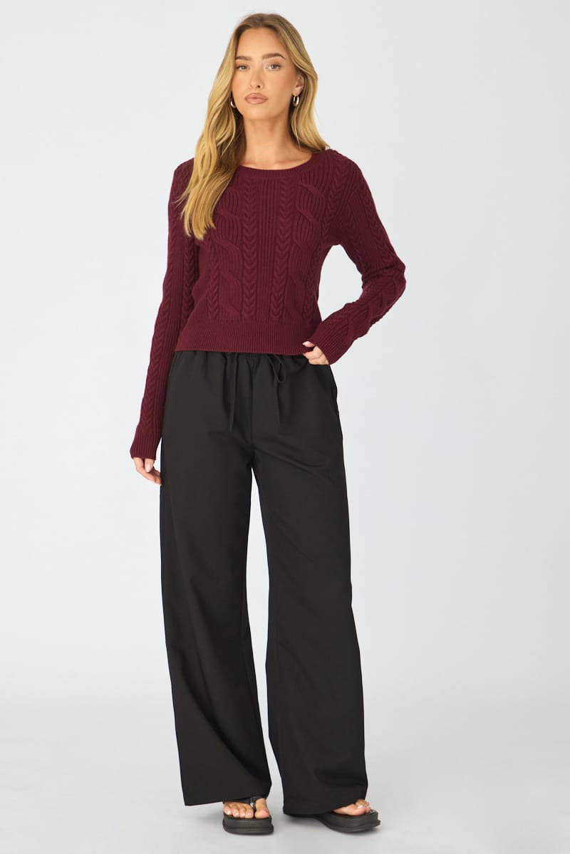 Red Cable Knit Top Long Sleeve Crew Neck for Ally Fashion