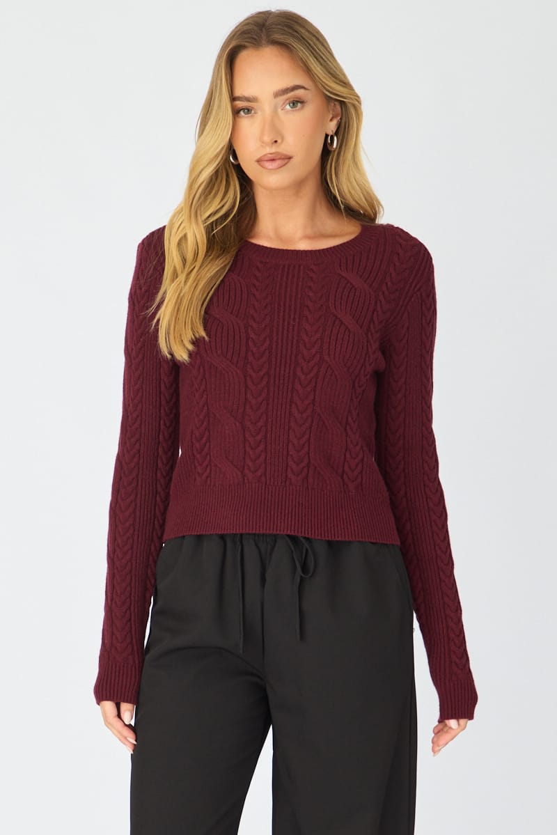 Red Cable Knit Top Long Sleeve Crew Neck for Ally Fashion