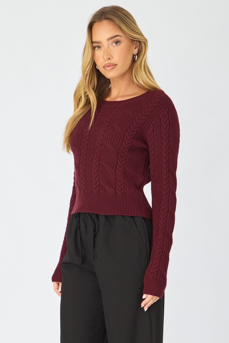 Red Cable Knit Top Long Sleeve Crew Neck for Ally Fashion