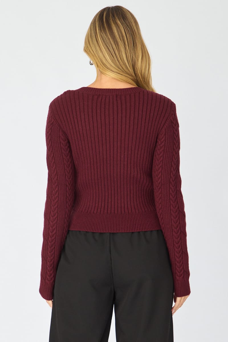 Red Cable Knit Top Long Sleeve Crew Neck for Ally Fashion