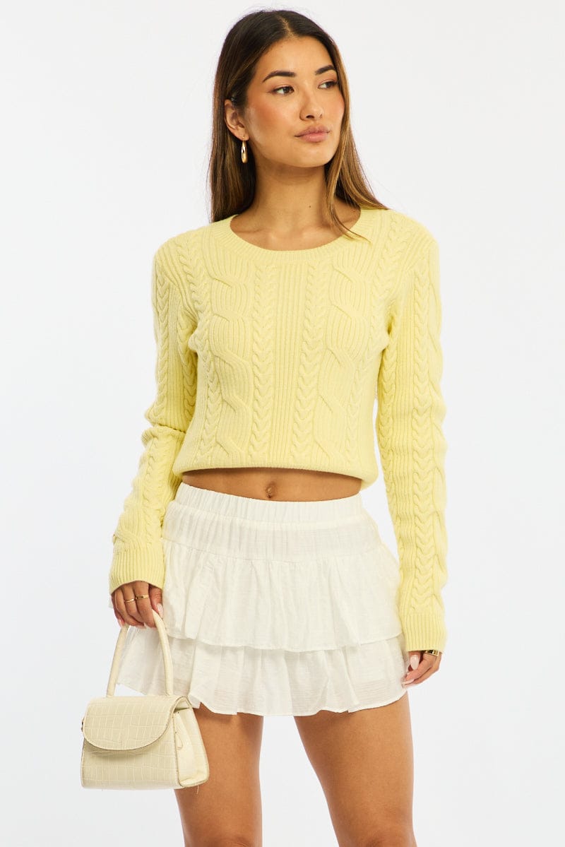 Yellow Cable Knit Top Long Sleeve Crew Neck for Ally Fashion