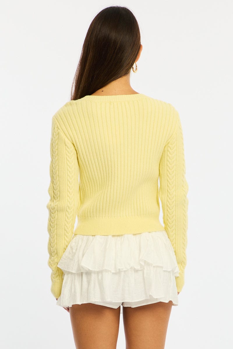 Yellow Cable Knit Top Long Sleeve Crew Neck for Ally Fashion