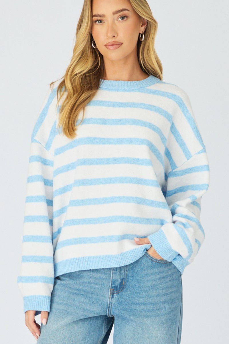 Blue Stripe Basic Stripe Knit Sweater Oversized for Ally Fashion