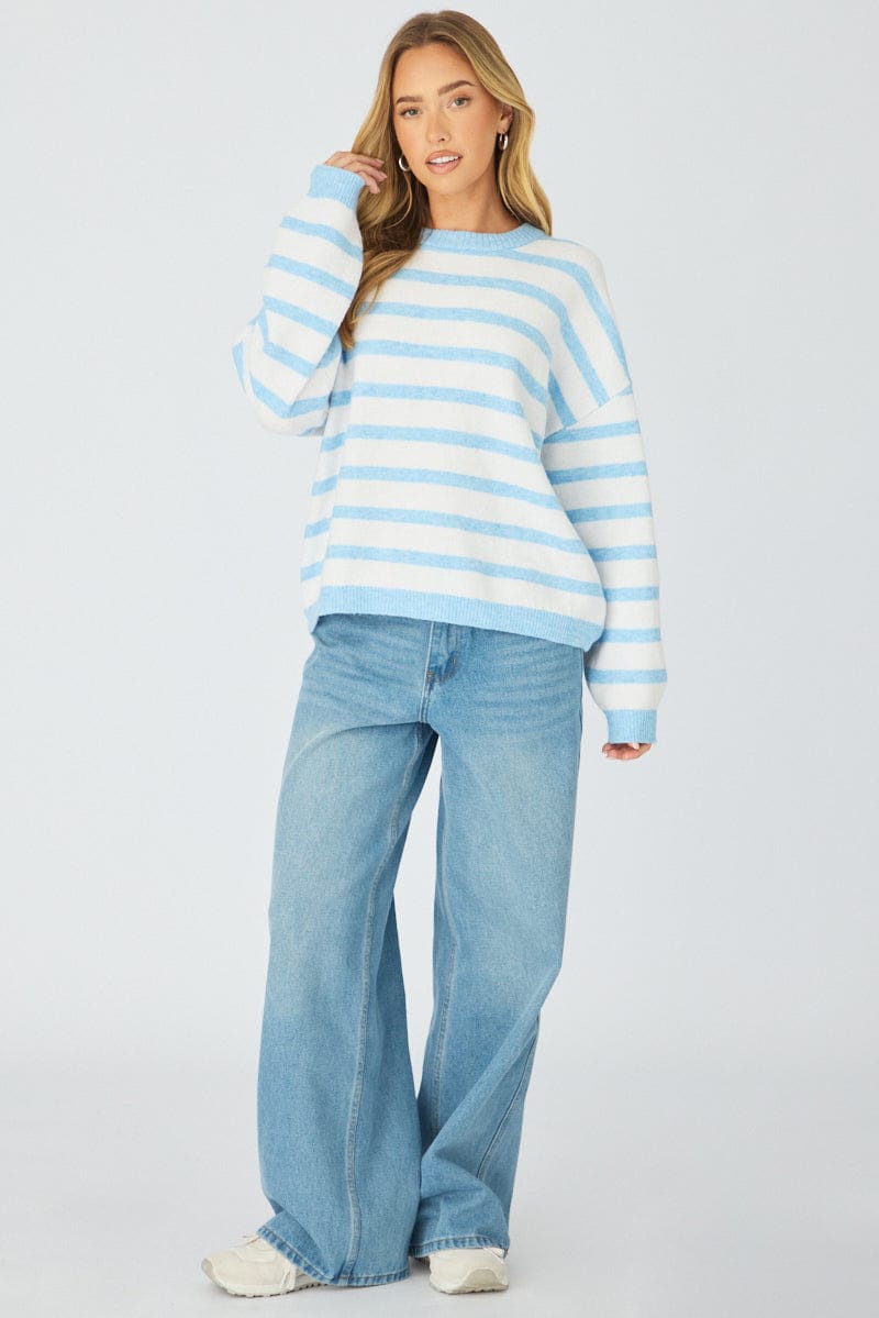 Blue Stripe Basic Stripe Knit Sweater Oversized for Ally Fashion