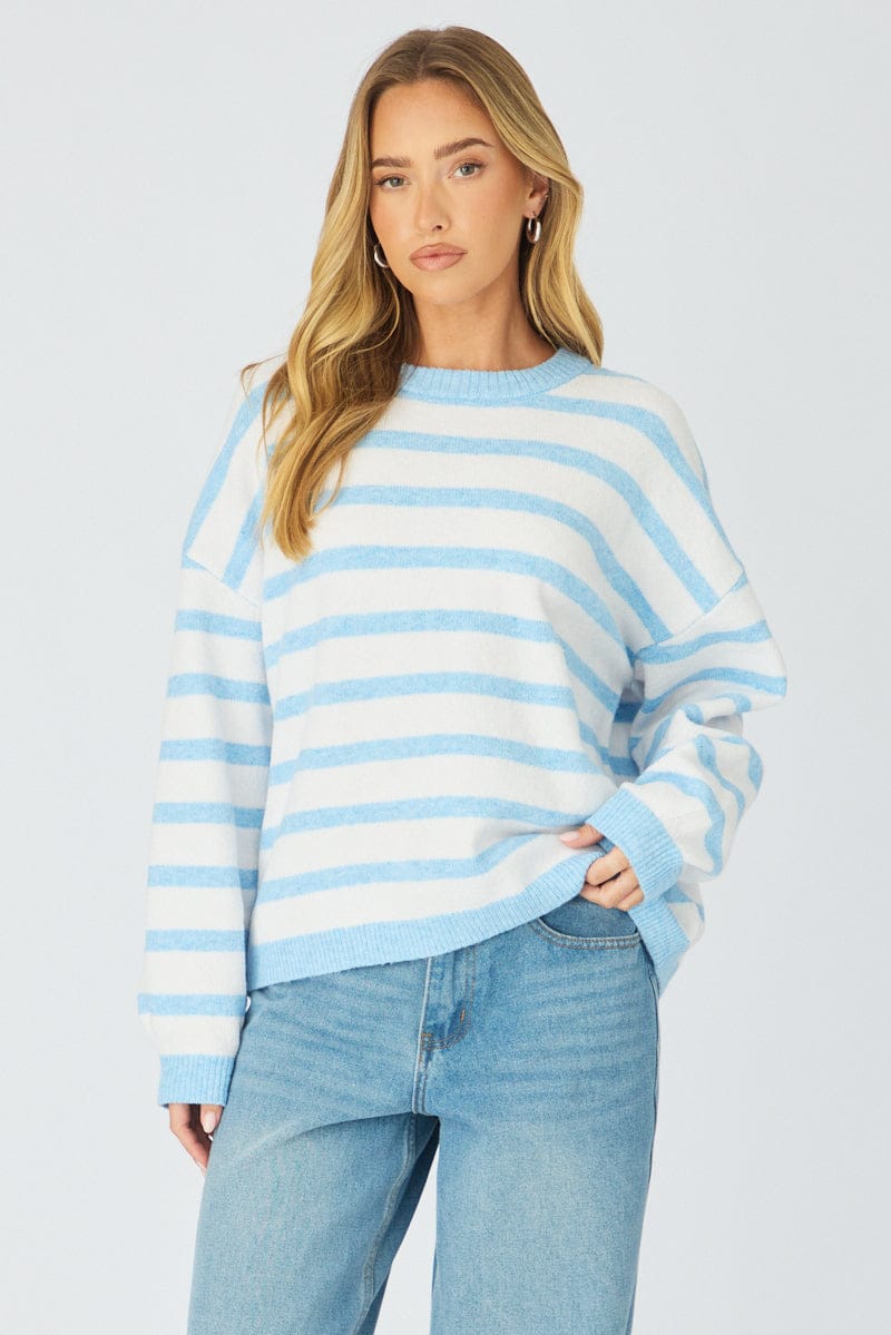 Blue Stripe Basic Stripe Knit Sweater Oversized for Ally Fashion