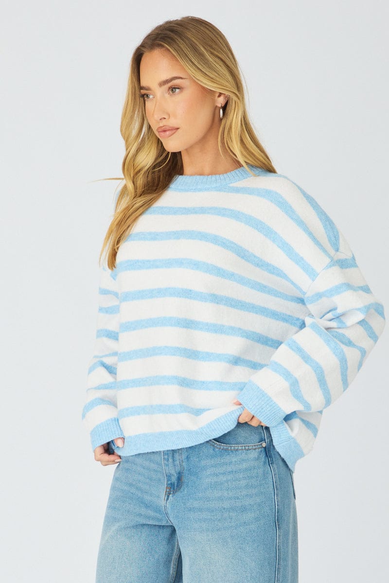Blue Stripe Basic Stripe Knit Sweater Oversized for Ally Fashion