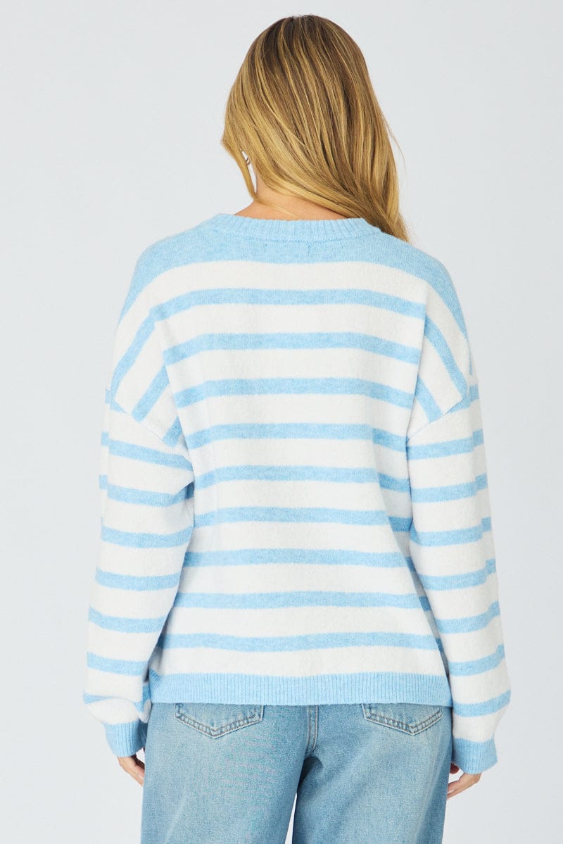 Blue Stripe Basic Stripe Knit Sweater Oversized for Ally Fashion