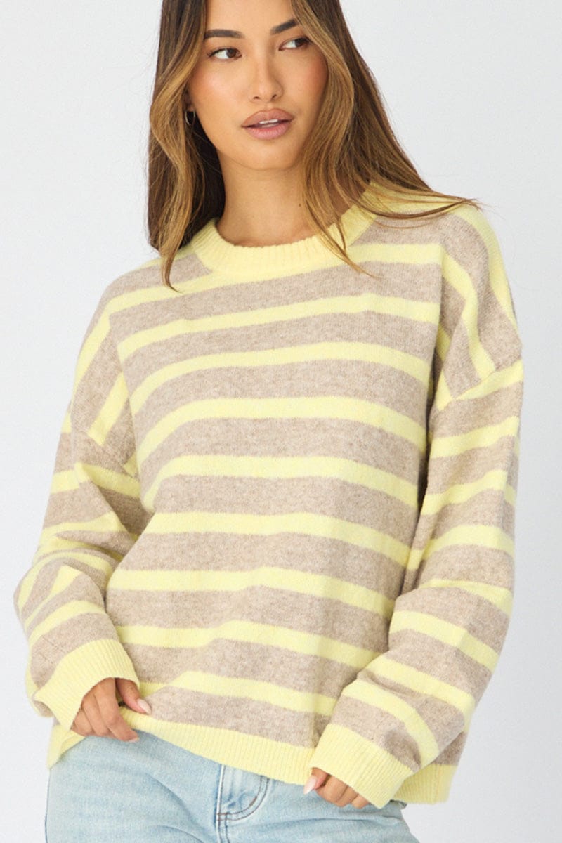 Yellow Stripe Basic Stripe Knit Sweater Oversized for Ally Fashion