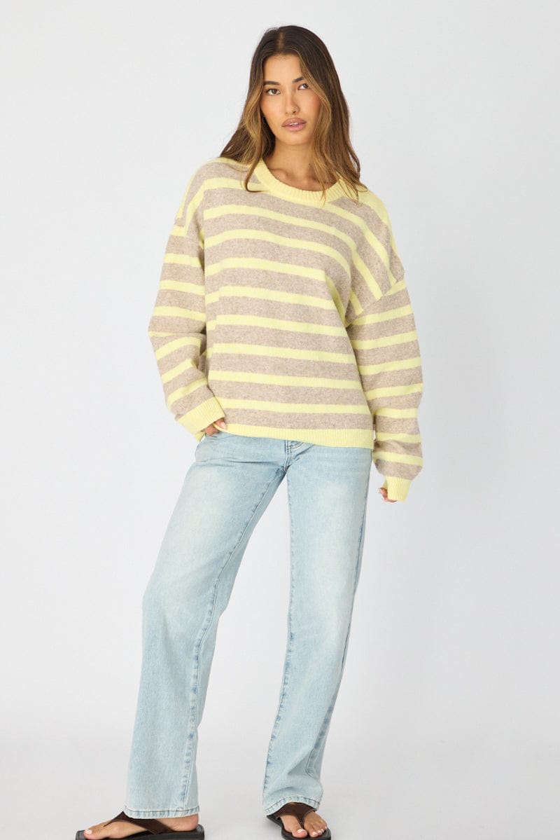 Yellow Stripe Basic Stripe Knit Sweater Oversized for Ally Fashion