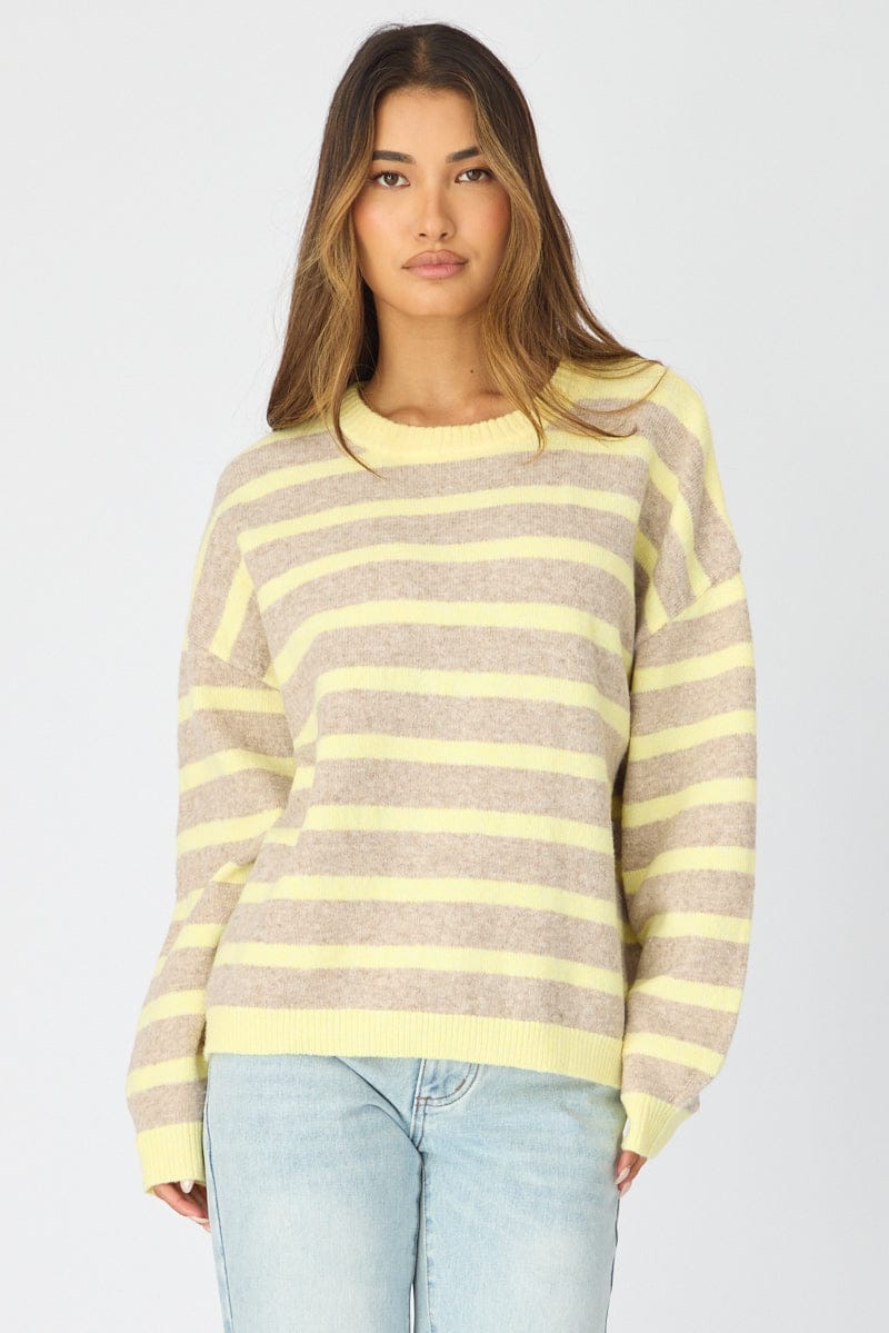 Yellow Stripe Basic Stripe Knit Sweater Oversized for Ally Fashion