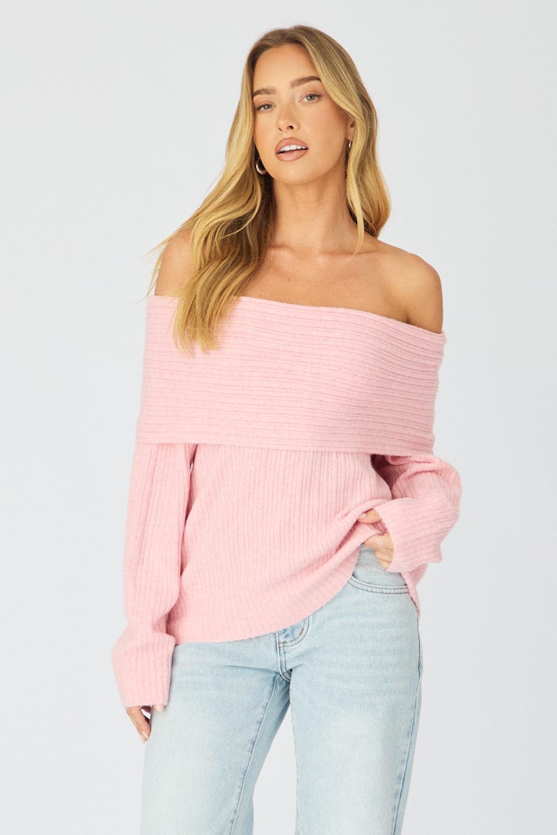 Pink Fold Down Bardot Knit Top Long Sleeve for Ally Fashion