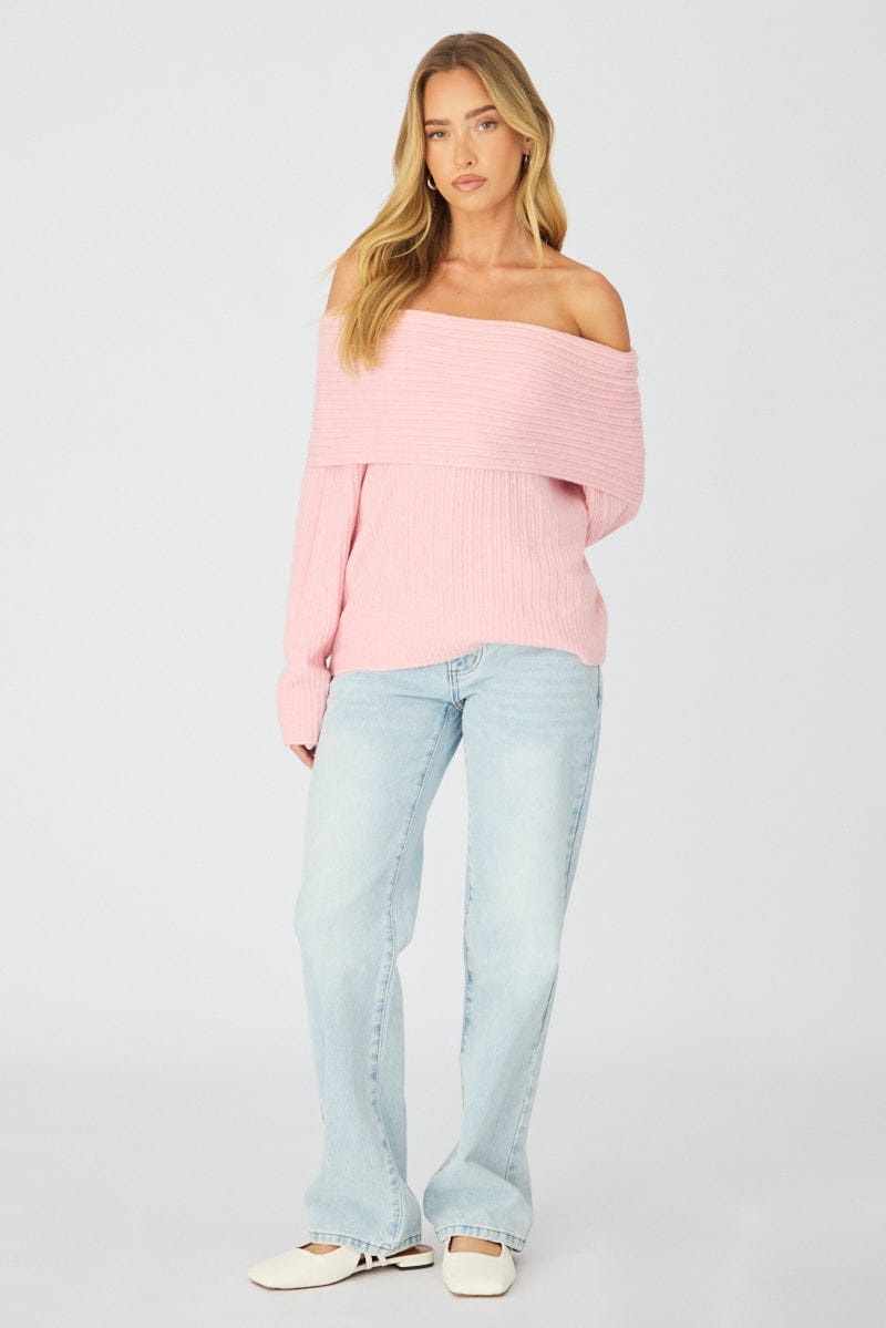 Pink Fold Down Bardot Knit Top Long Sleeve for Ally Fashion