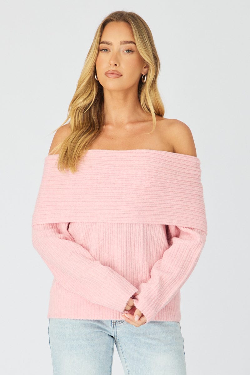 Pink Fold Down Bardot Knit Top Long Sleeve for Ally Fashion
