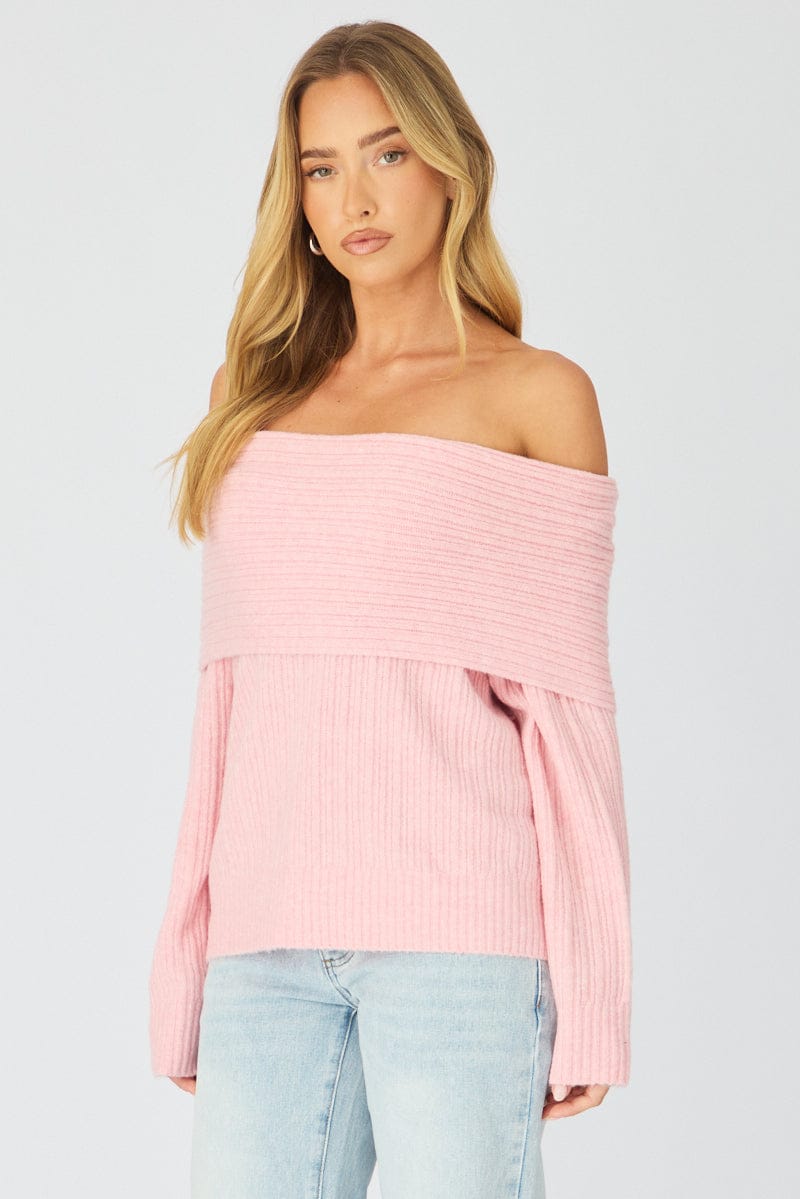 Pink Fold Down Bardot Knit Top Long Sleeve for Ally Fashion