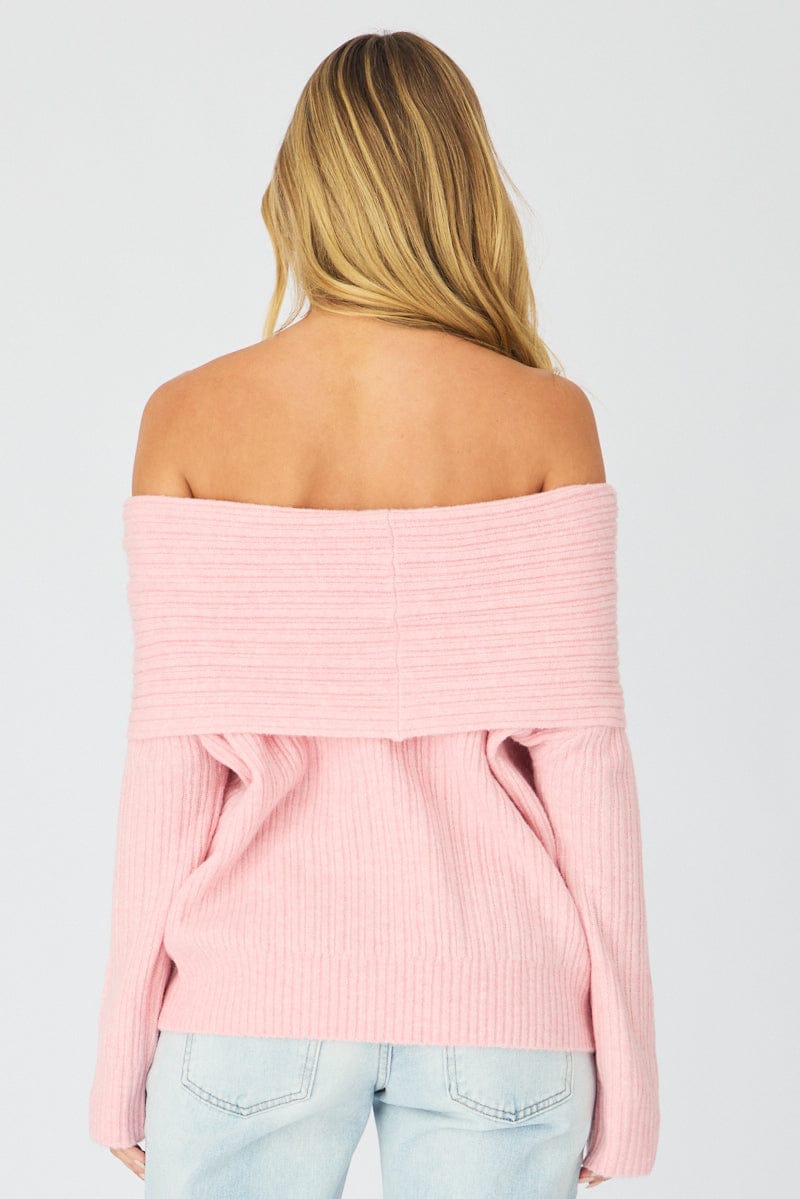 Pink Fold Down Bardot Knit Top Long Sleeve for Ally Fashion