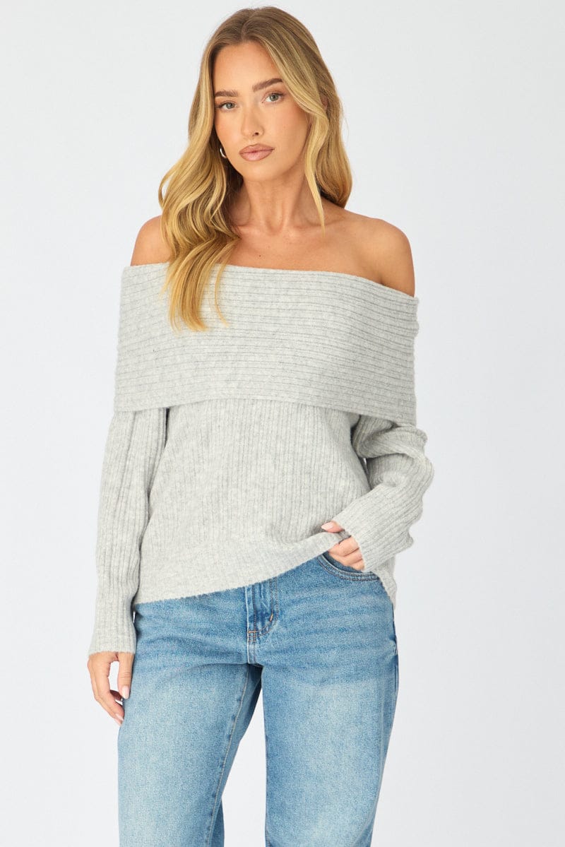 Grey Fold Down Bardot Knit Top Long Sleeve for Ally Fashion