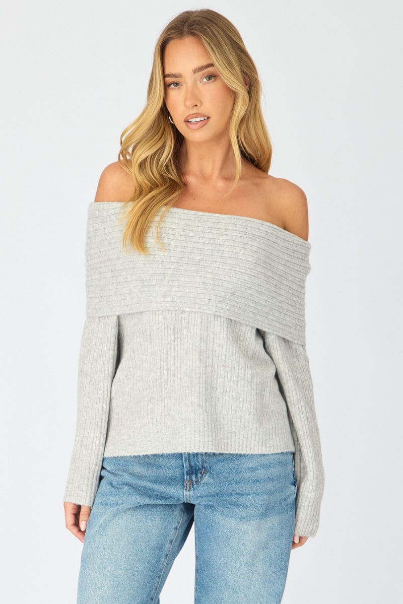 Grey Fold Down Bardot Knit Top Long Sleeve for Ally Fashion