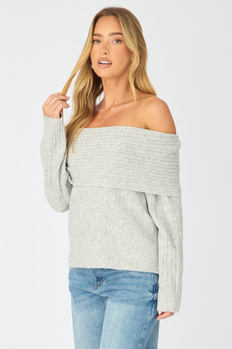 Grey Fold Down Bardot Knit Top Long Sleeve for Ally Fashion