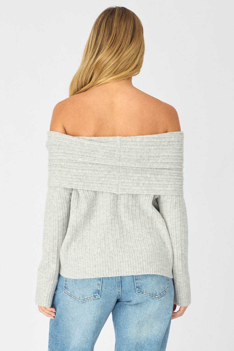 Grey Fold Down Bardot Knit Top Long Sleeve for Ally Fashion