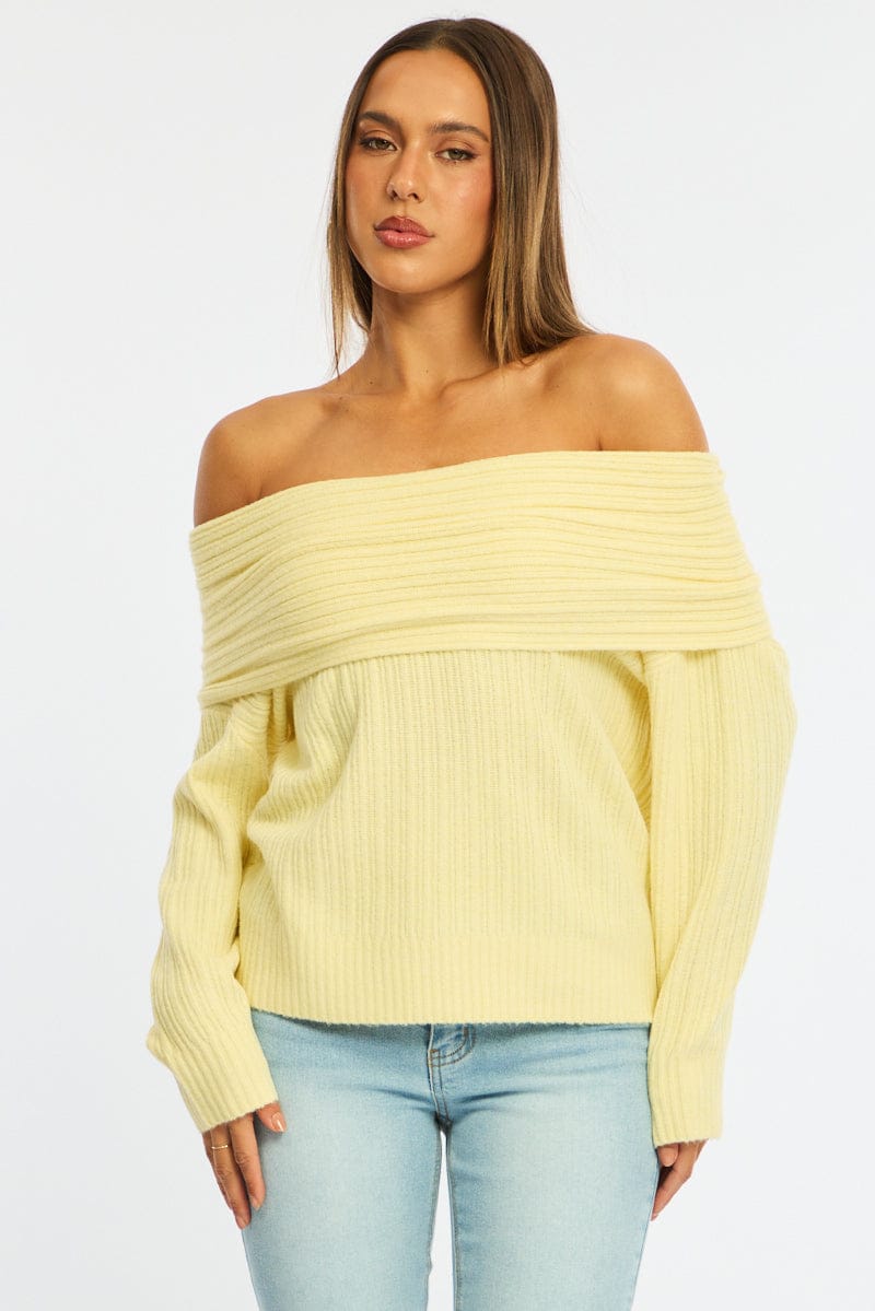 Yellow Fold Down Bardot Knit Top Long Sleeve for Ally Fashion