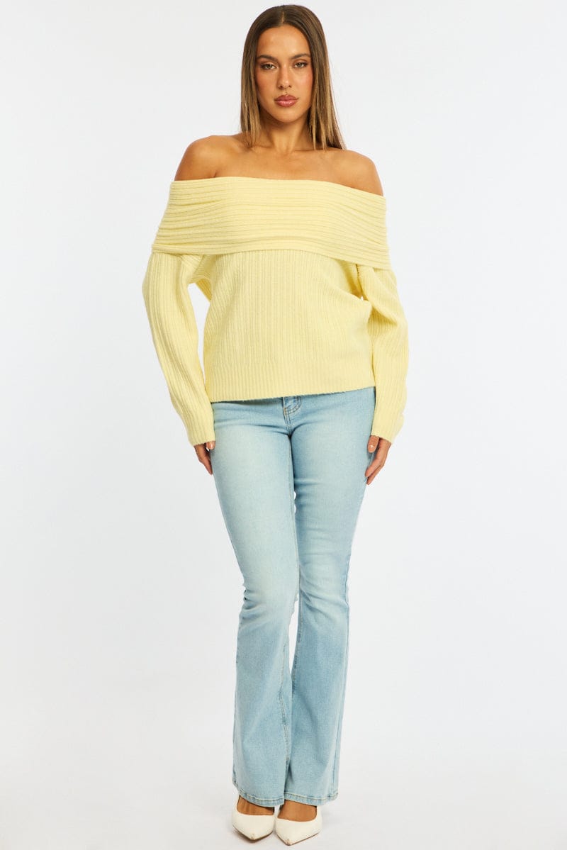 Yellow Fold Down Bardot Knit Top Long Sleeve for Ally Fashion
