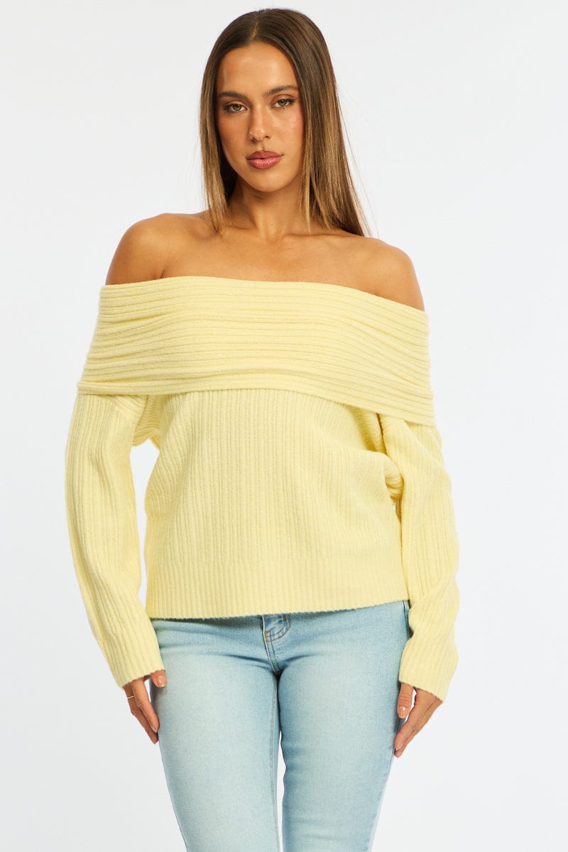 Yellow Fold Down Bardot Knit Top Long Sleeve for Ally Fashion