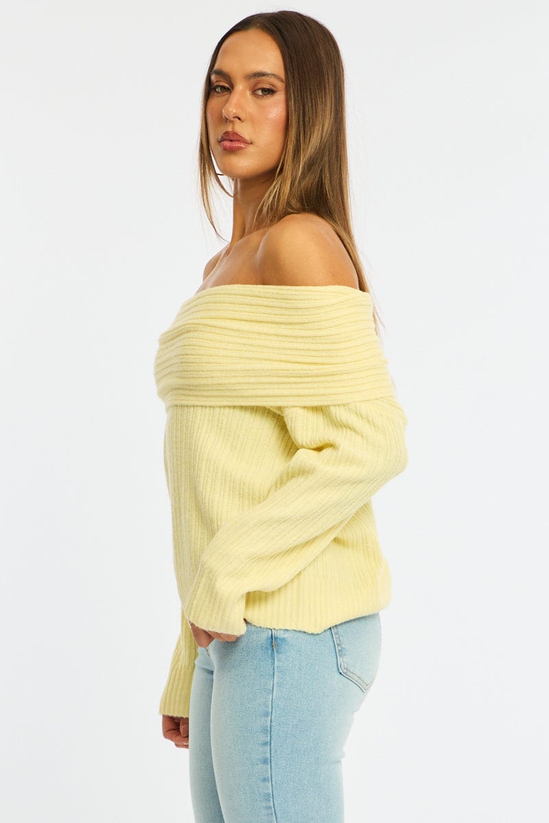 Yellow Fold Down Bardot Knit Top Long Sleeve for Ally Fashion